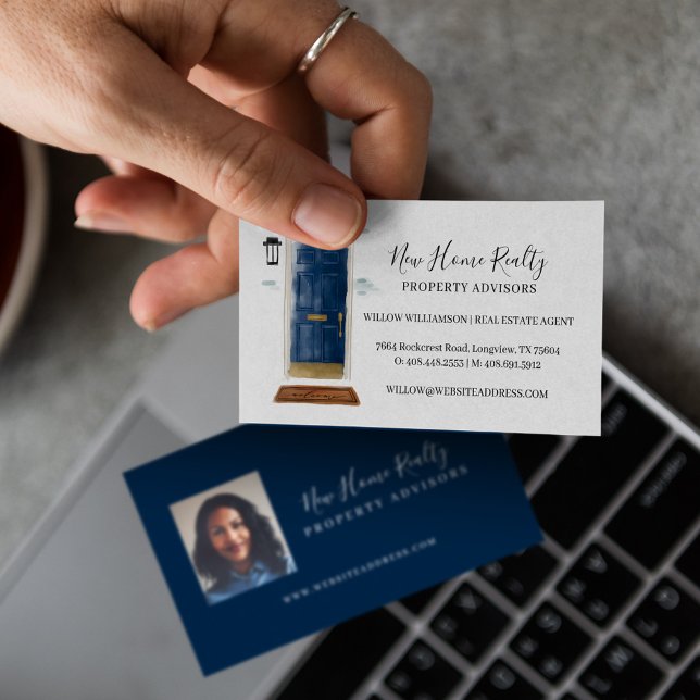 Carte De Visite Chic Navy Aquarelle Porte d'entrée Immobilier Phot (Chic Navy Watercolor Front Door Real Estate Photo Business Card)