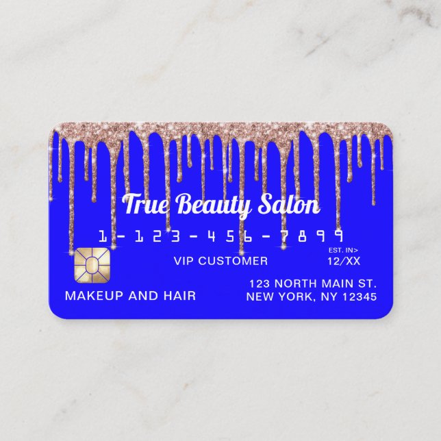 Carte De Visite Chic Neon Blue Rose Gold Parties scintillant Drive (Devant)