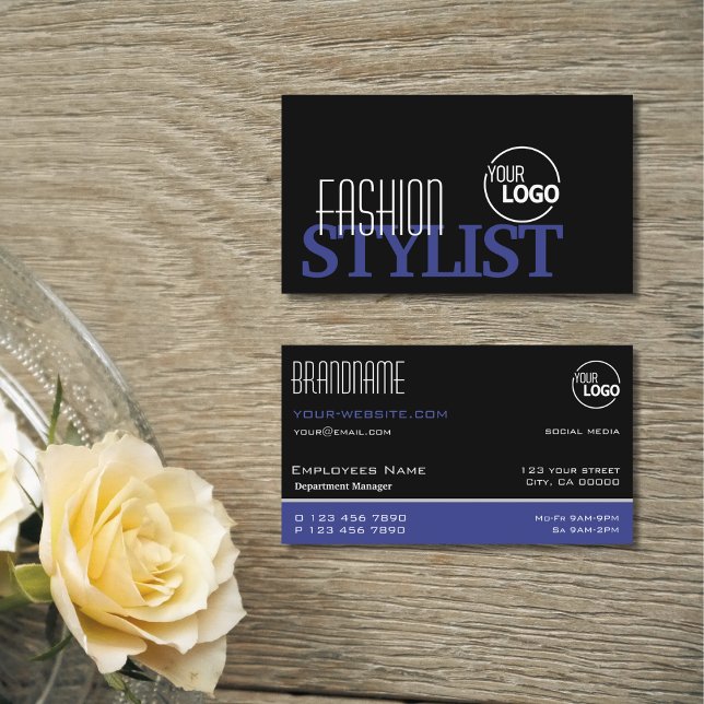 Carte De Visite Chic noir bleu et blanc Simple Style avec logo (Créateur téléchargé)