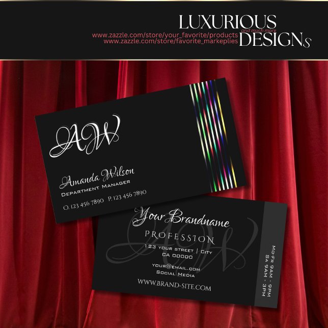 Carte De Visite Chic Noir Couleur Noir Stripes Monogramme (Créateur téléchargé)