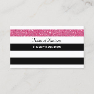 Carte De Visite Chic noir et blanc rayures rose FAUX Glitz