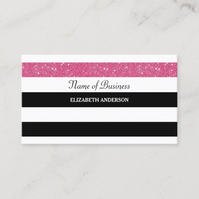 Carte De Visite Chic noir et blanc rayures rose FAUX Glitz (Devant)