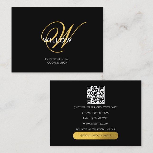 Carte De Visite Chic noir & or Monogramme QR Code (Devant / Derrière)