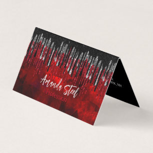 Carte De Visite Chic noir rouge argent parties scintillant gouttes