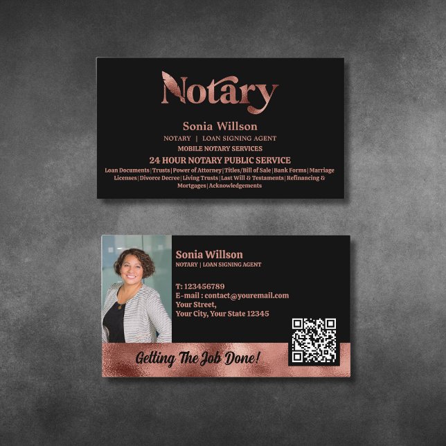 Carte De Visite Chic Notaire Public Rose Gold Photo QR Code (Créateur téléchargé)