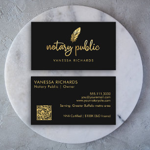 Carte De Visite Chic Or Feather Nom Noir Moderne Script QR