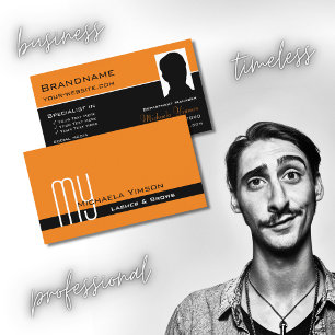 Carte De Visite Chic Orange Noir avec Monogramme et Photo Classiqu