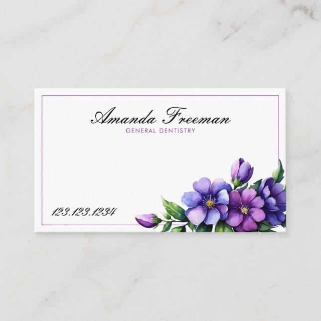 Carte De Visite Chic Purple Aquarelle Fleurs Dentiste (Devant)