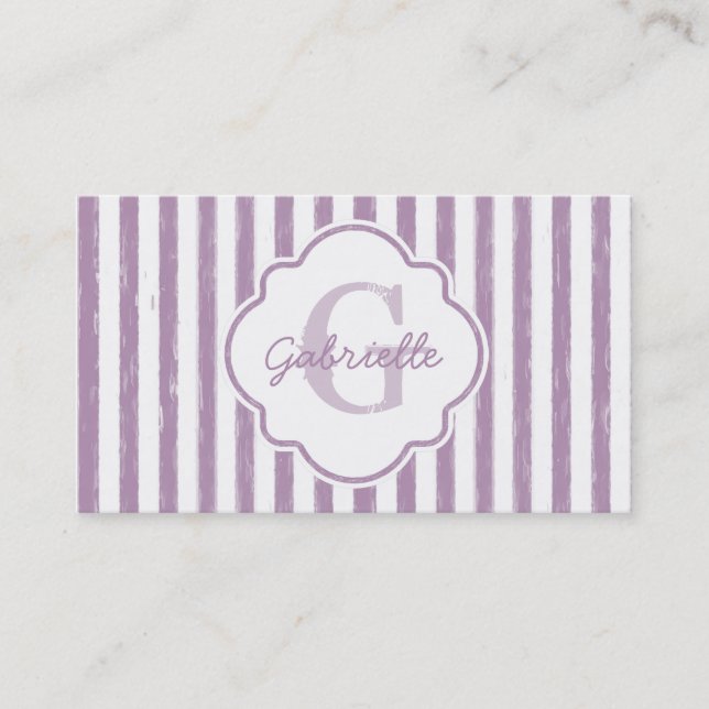 Carte De Visite Chic Purple Painted Stripes Monogramme et nom (Devant)