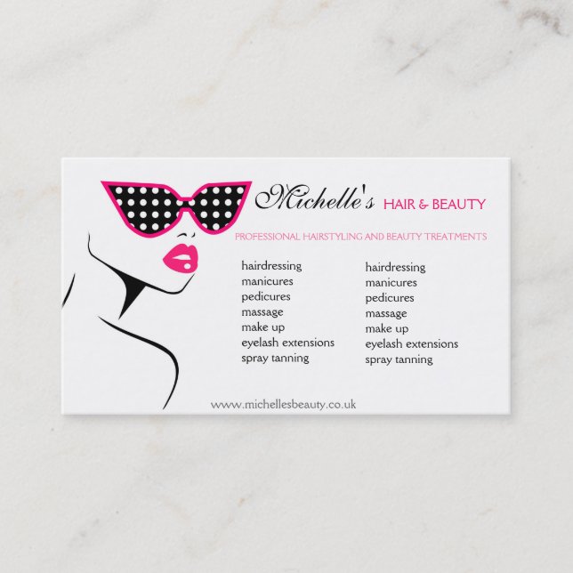Carte De Visite Chic Retro Pink Polka Dot Lunettes de soleil Beaut (Devant)