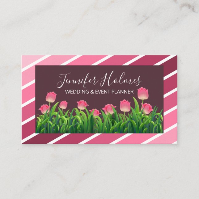 Carte De Visite Chic rose blanc diagonale rayures Tulipe (Devant)