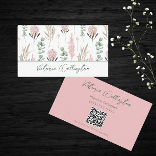 Carte De Visite Chic rose et vert pays Floral QR Code
