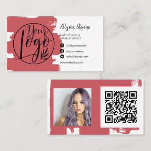 Carte De Visite Chic rouge brosse cheveux maquillage photo logo qr