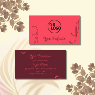 Carte De Visite Chic rouge et bordeaux ornemental avec logo ornate