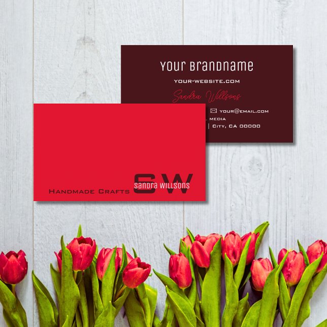Carte De Visite Chic rouge moderne et bordeaux avec Monogramme Sim (Créateur téléchargé)