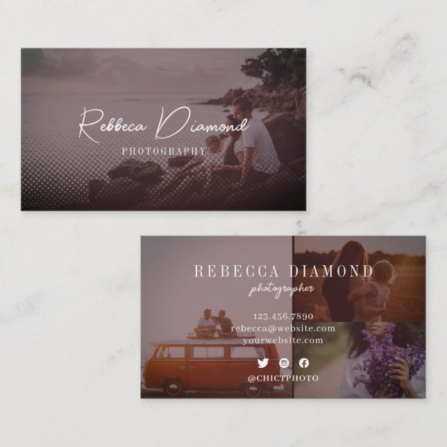 Carte De Visite Chic Rustic Rose Gold Overlay 4 Photos Script (Devant / Derrière)