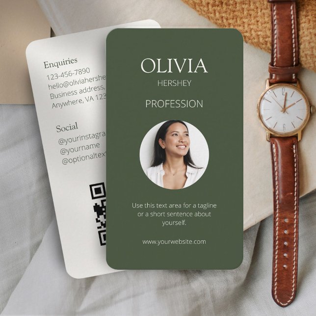 Carte De Visite Chic Sage Green & Ivory Photo Social QR Code (Créateur téléchargé)