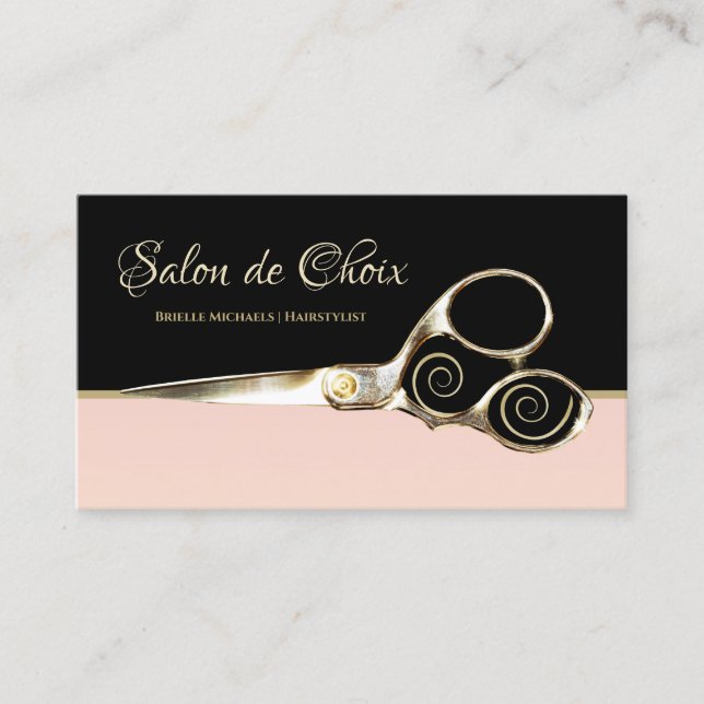 Carte De Visite Chic Salon Parisien rose pâle Noir et Ciseaux (Devant)