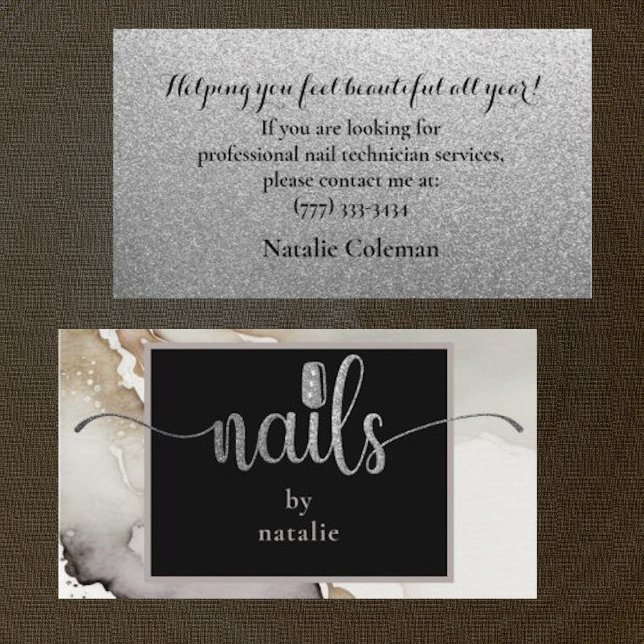 Carte de visite Chic Silver & Black Nail Technicie (Créateur téléchargé)