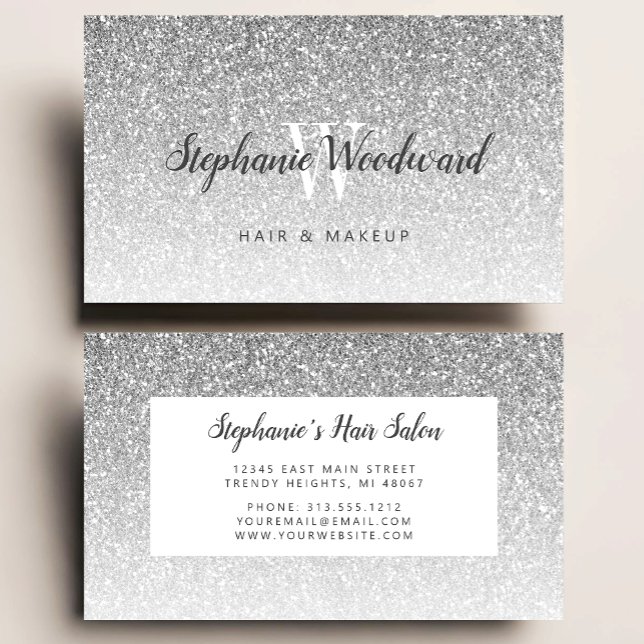 Carte De Visite Chic Silver Ombre Parties scintillant Monogram Sal (Créateur téléchargé)