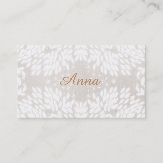 Carte De Visite Chic Simple Nom Feuilles blancs FAUX Linge beige (Devant)