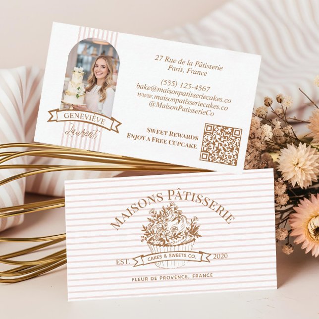 Carte De Visite Chic Stripe Floral Cupcake Bakery Cake Designer (Chic Stripe Floral Cupcake Bakery Cake Designer Business Card)