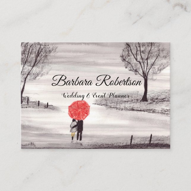 Carte De Visite Chic tendance Rouge parapluie amour couple Mariage (Devant)