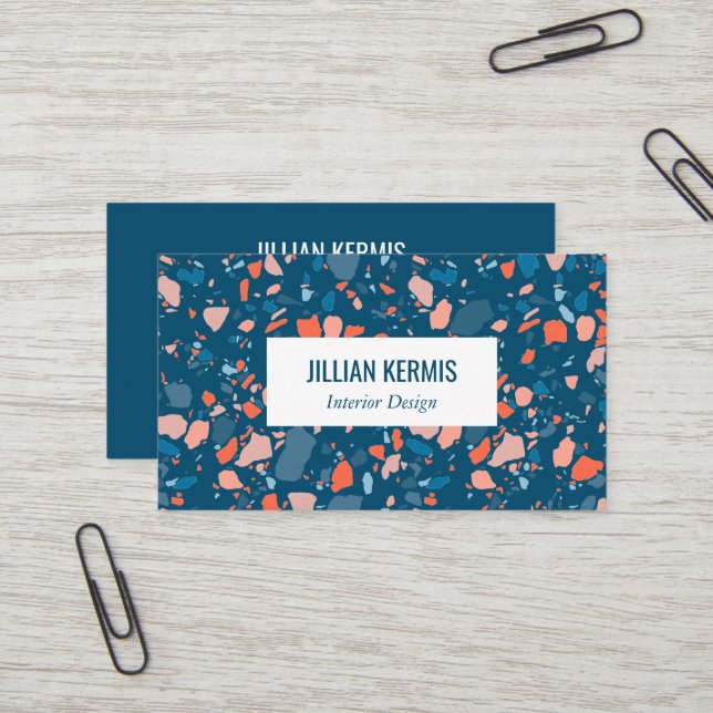 Carte De Visite Chic terrazzo élégant rose bleu CUSTOM (Devant/Arrière en situation)