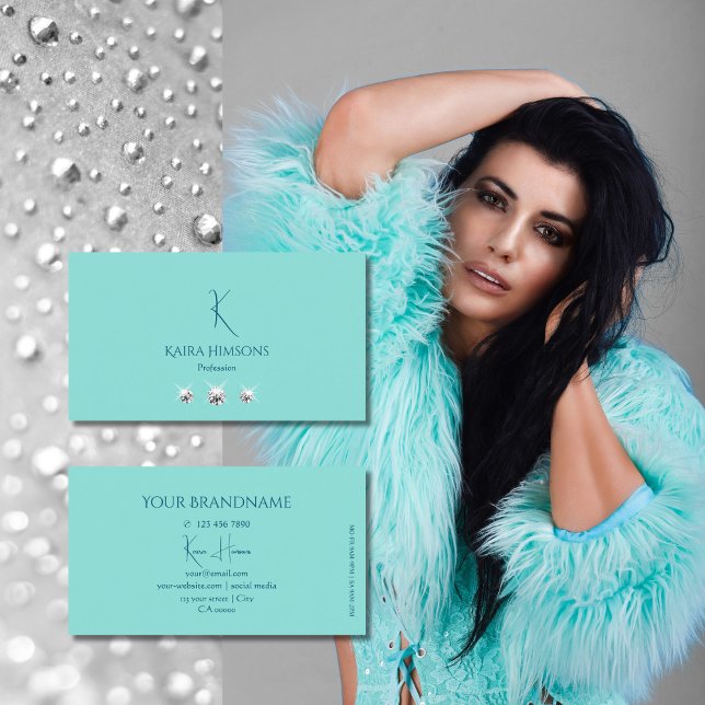 Carte De Visite Chic Turquoise avec Monogramme et bijoux élégant (Créateur téléchargé)