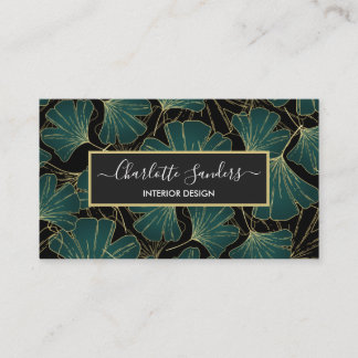 Carte De Visite Chic vert or noir gingko feuille