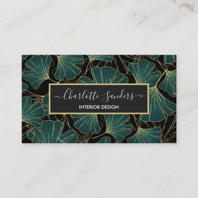 Carte De Visite Chic vert or noir gingko feuille (Devant)