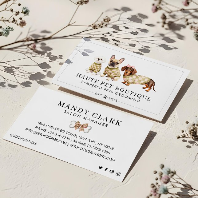 Carte De Visite Chic Watercolor Chien se reproduit À damiers Anima (Chic Watercolor Dog Breeds Checkered Pet Groomer Business Card)