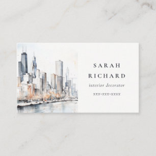 Carte De Visite Chicago, Illinois City Scape Watercolor Travel