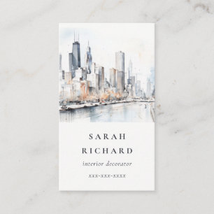 Carte De Visite Chicago, Illinois City Scape Watercolor Travel