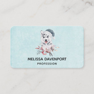 Carte De Visite Chien de Noël Husky dans un chapeau de Père Noël