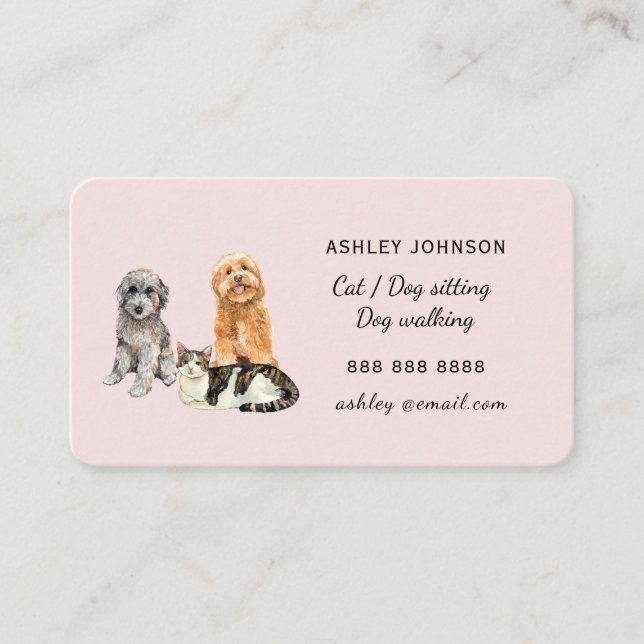 Carte De Visite Chien et chat animal assis aquarelle (Devant)