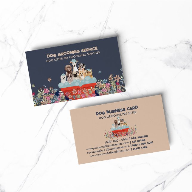 Carte De Visite Chien Grooming Bain Bed Floral boho (pet animal dog cat veterinary farm)
