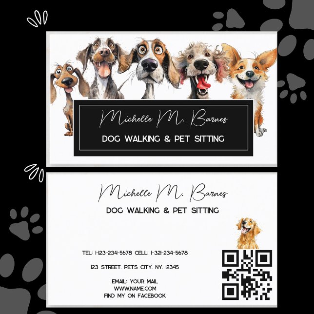 Carte De Visite Chien moderne à chier Walker assis QR Code (Créateur téléchargé)