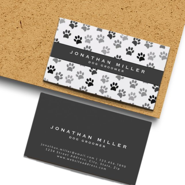 Carte De Visite Chien noir et blanc Empreintes de pattes | Gris (Créateur téléchargé)