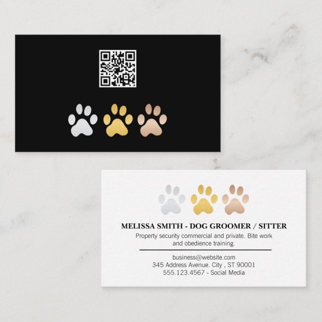 Carte De Visite Chien Paws (Argent, or, bronze) | Code QR (Devant / Derrière)
