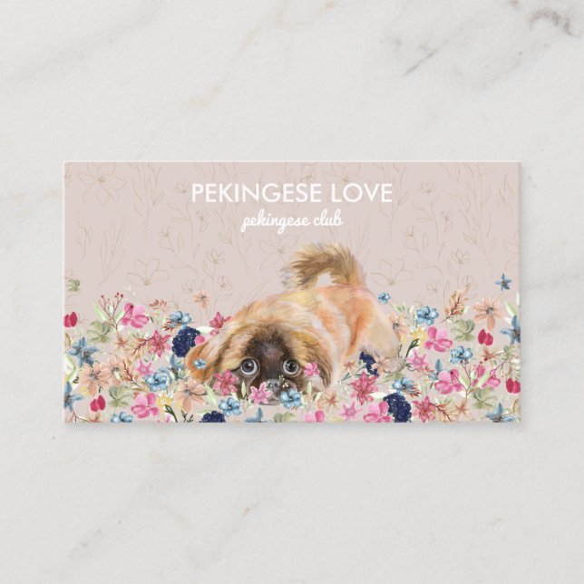 Carte De Visite Chien pekingese jouant autour des fleurs (Devant)