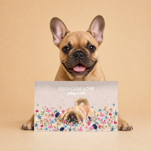 Carte De Visite Chien Pékinois jouant autour de fleurs