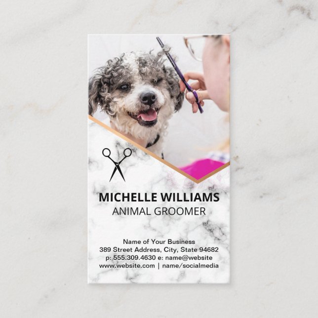 Carte De Visite Chien souriant mignon se faisant groomer (Devant)