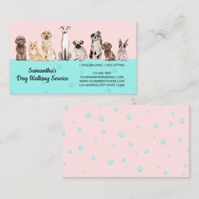 Carte De Visite Chiens d'aquarelle rose Turquoise Pâtes (Devant / Derrière)