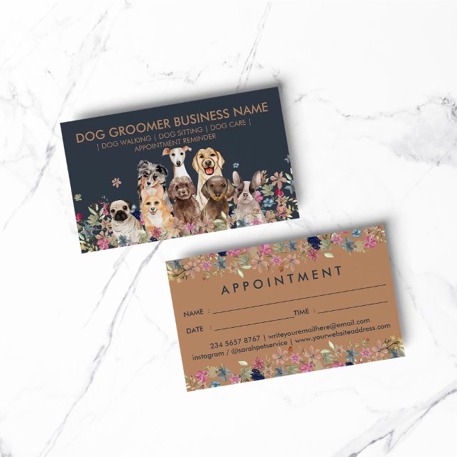 Carte De Visite Chiens huit chiots avec fleurs Rendez-vous (pet animal dog cat veterinary farm)