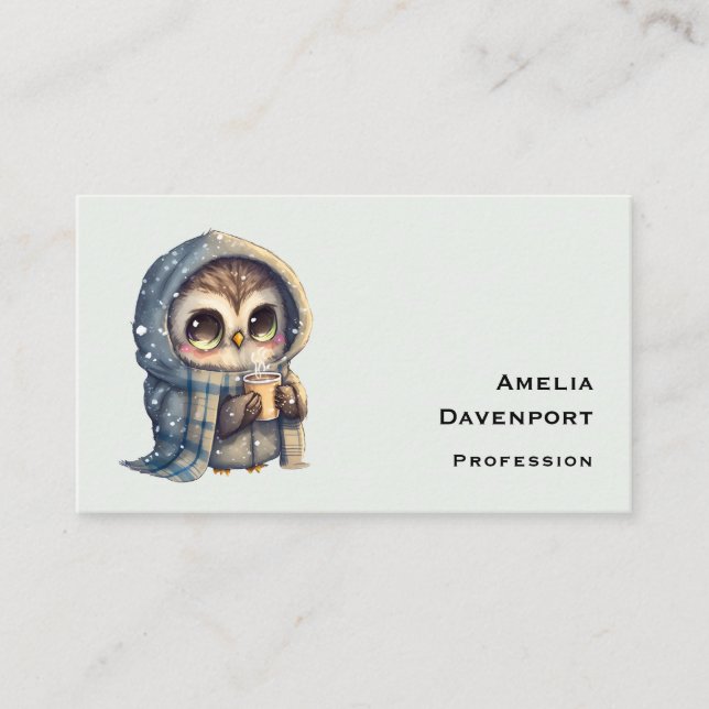 Carte De Visite Chouette à gros yeux mignonne tenant un café (Devant)