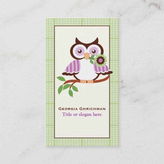Carte De Visite Chouette de printemps mignonne sur une branche, bo (Devant)