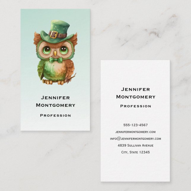 Carte De Visite Chouette mignonne dans un chapeau vert (Devant / Derrière)