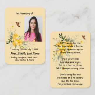 Carte De Visite Christian Memorial Hummingbird Yellow Roses