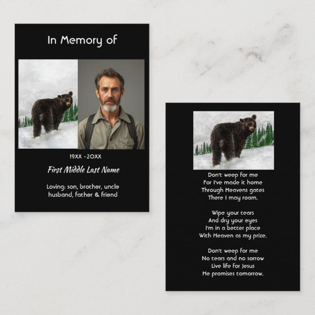 Carte De Visite Christian Memorial Keepsake Black Bear Animal (Devant / Derrière)